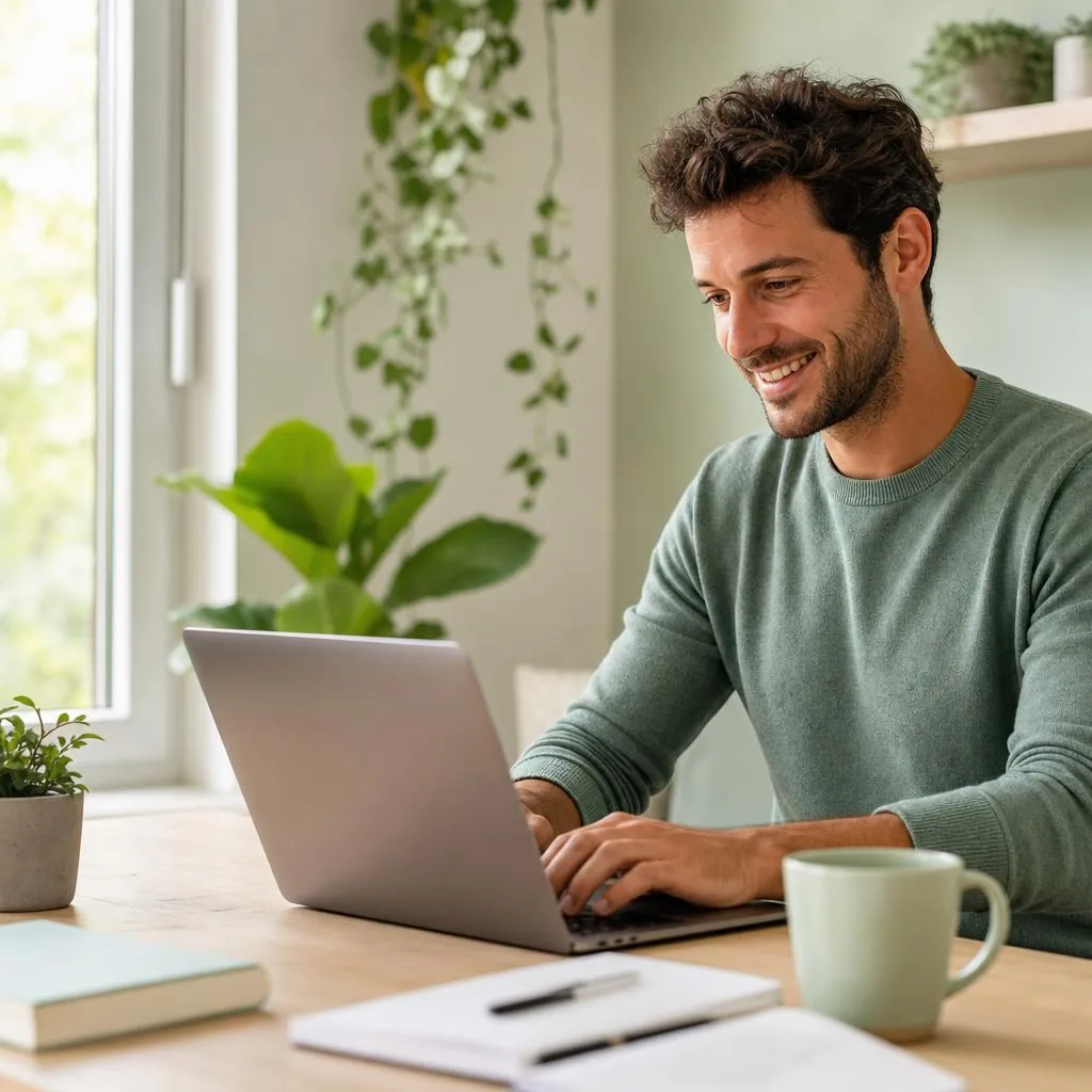 Studente sorridente che studia online per il diploma